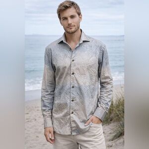 Bertigo Men’s Palm Jacquard Button-Up Shirt Blue Gray | Coastal Hawaiian Preppy